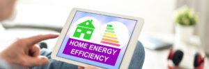 Tablet screen displaying a home energy efficiency concept