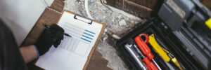 Handyman describes the extent of the of a damaged wall in the bathroom for insurance and verification purposes
