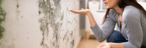 Side View Of A Shocked Young Woman Looking At Mold On Wall