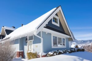 snow capped craftsman home eaves, sunny day, created with generative ai