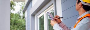 Home inspector looking over home and garage