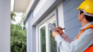 Home inspector looking over home and garage
